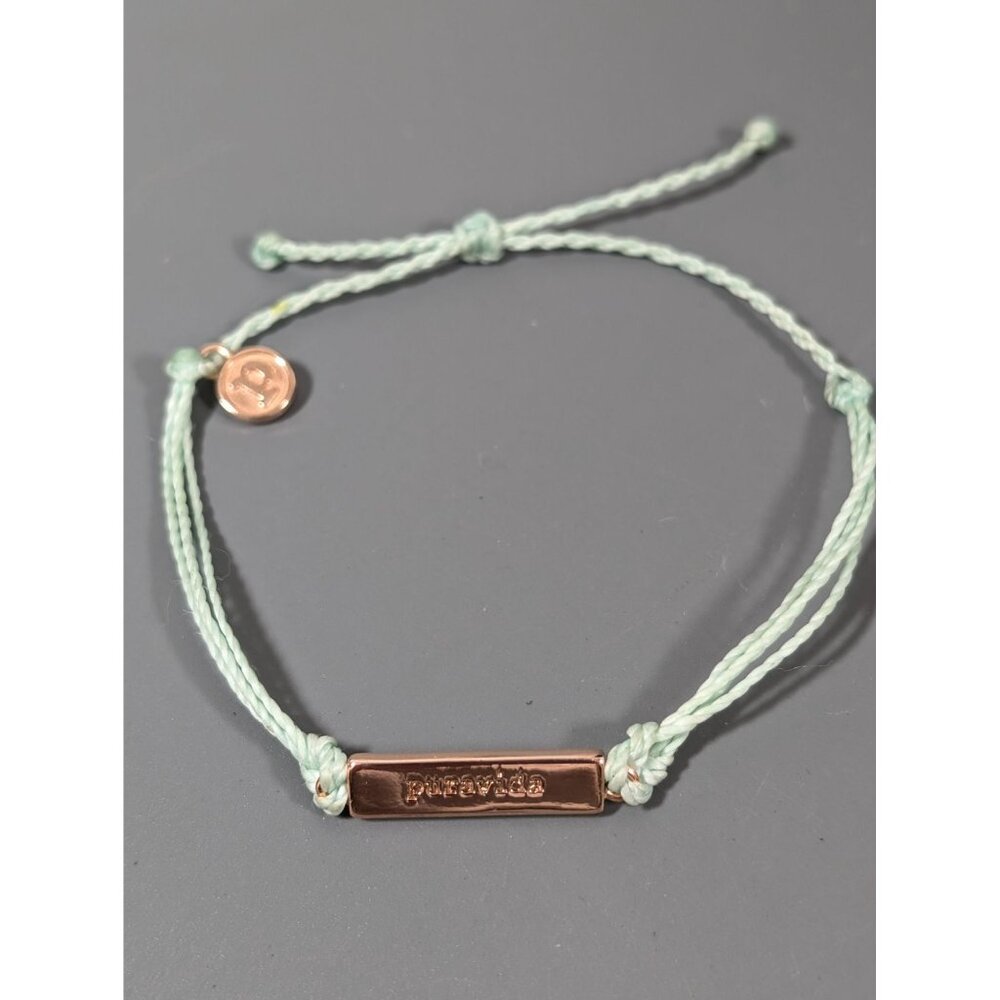 PuraVida Rose Gold Tone Bar Green Cord‎ Adjustable Bracelet Beachy Boho